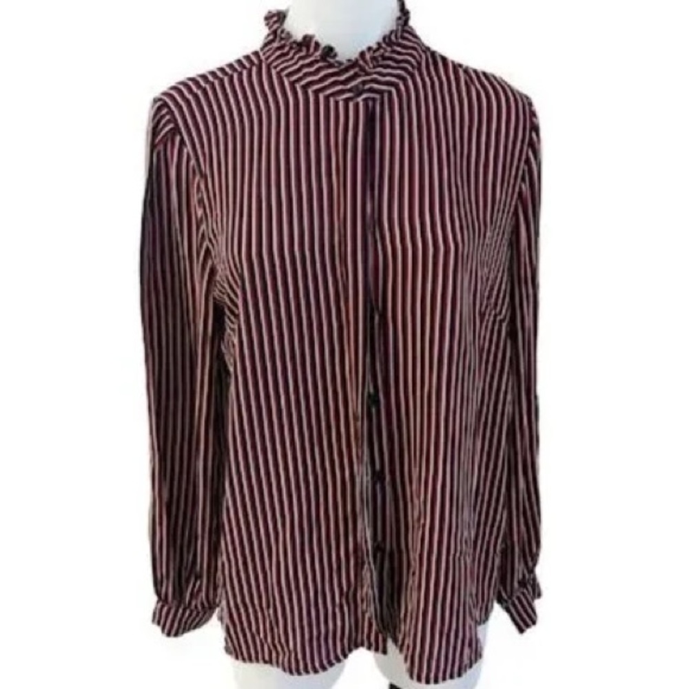 JUST Striped Ruffled Collar Button Down Blouse N139-22